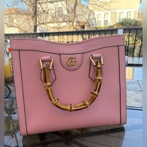 Pink Leather Satchel Bamboo Handle and Gold 7.9 x 3.9 x 6.3 in no strap